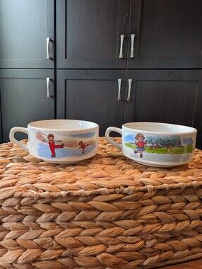 Vintage Campbell's Soup Kids Promotional Bowl Mugs (2)Hopscotch & Ice Skating